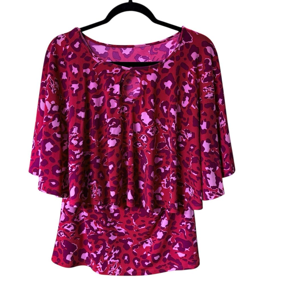 IMAN Red and Pink Leopard Print Tiered Keyhole Top Layered Fluttered Sleeves XS‎